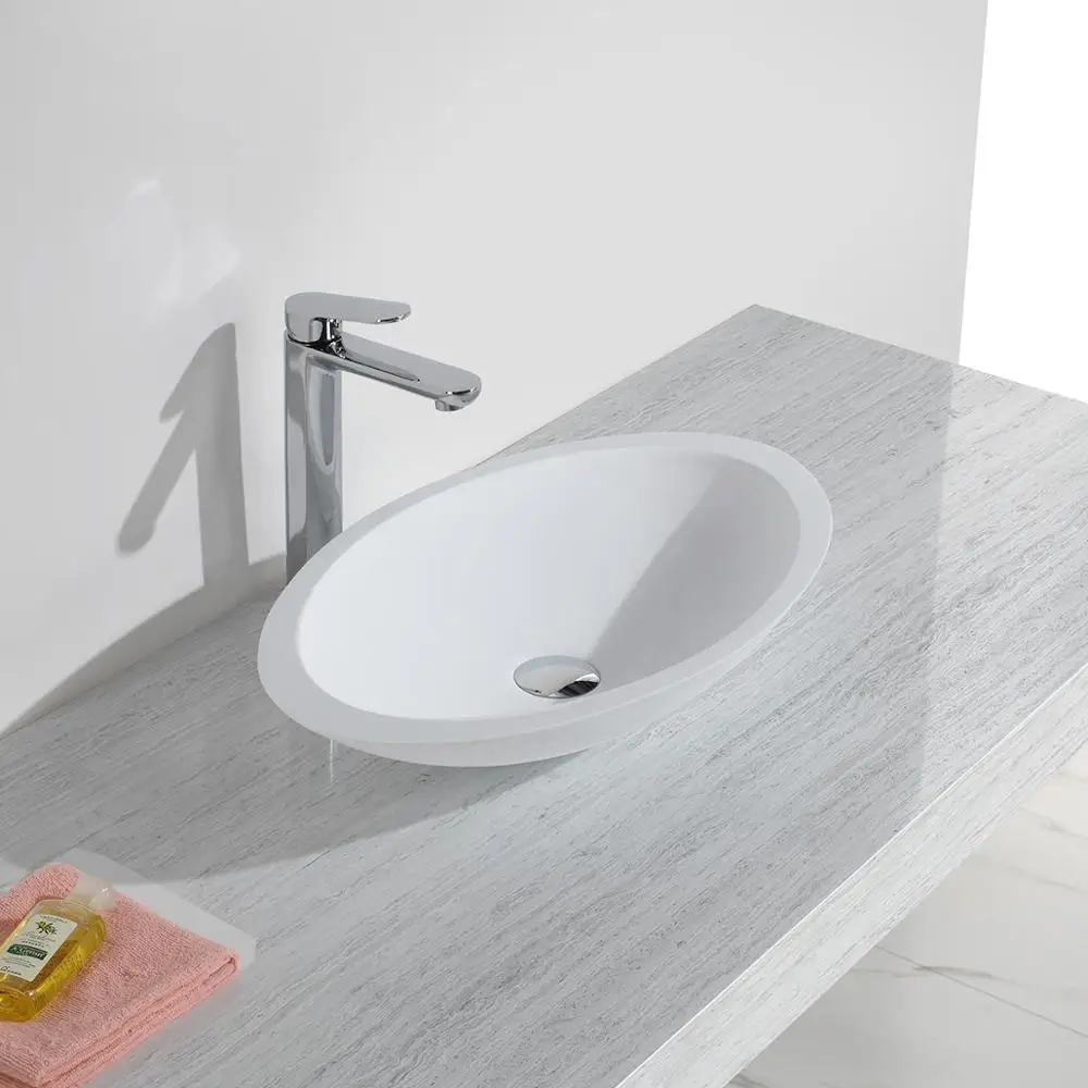 

KKR solid surface artificial stone matt white oval countertop wash basin KKR-1301