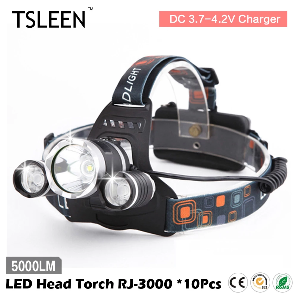 

2017 TSLEEN 10Pcs 5000LM LED Head Torch Flashlight 18650 Battery Operated Headlight With US/EU Charger Super Bright