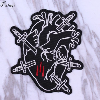 

Pulaqi Knife Heart Skull Patch DIY Embroidery Iron on patches For Clothing Punk Patch On Clothes Rock Badge Applique​ Stripe F
