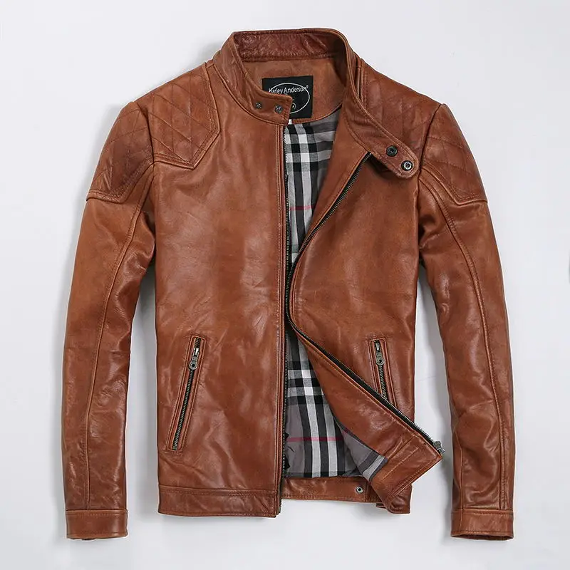 HARLEY DAMSON Brown Men American Casual Style Short Leather Jacket ...