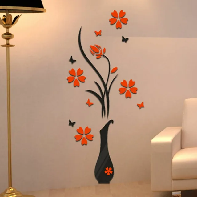 WHISM 3d Wall Sticker Flower Acrylic Vase Plum Butterfly Wall Decals Mural Wallpaper for TV ...