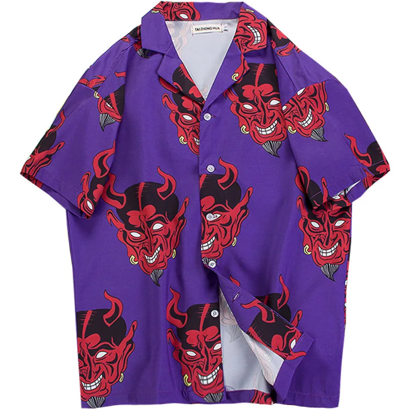 

hip hop streetwear shirts men Devil Full Printing short sleeve summer floral rapper harajuku loose hawaiian korean shirts camisa