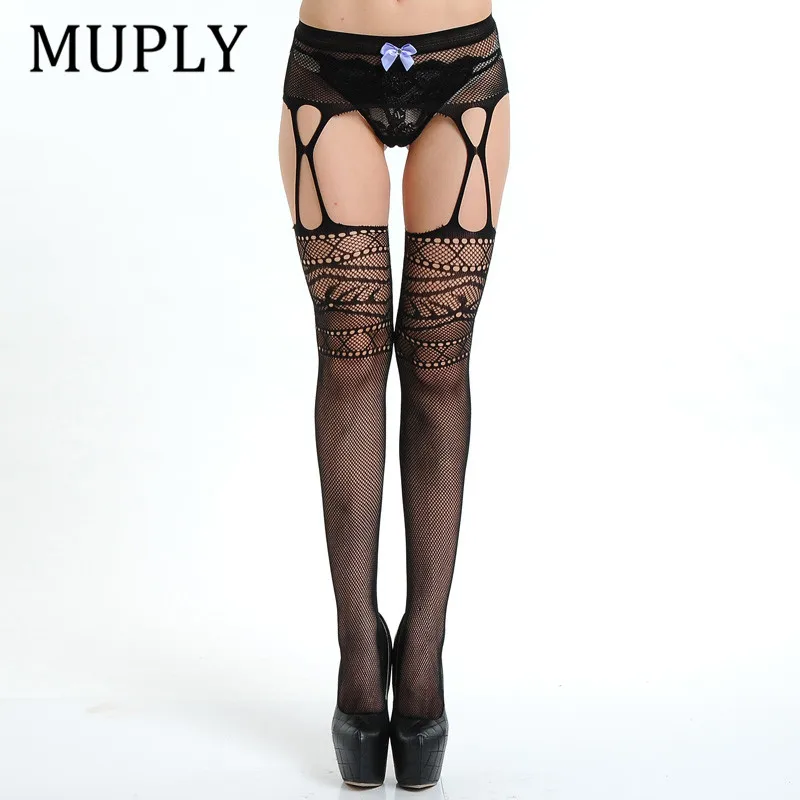 

Women Sexy Stockings Lingerie Open Crotch Stripe Lace Elastic Transparent Black Hollow Out Tights Erotic Thigh Sheer Pantyhose
