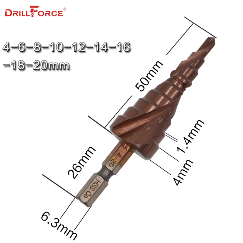HSS M35 5% кобальтовое ступенчатое сверло HSSCO высокоскоростное стальное конусное сверло с шестигранным хвостовиком, набор инструментов, дырокол для нержавеющей стали - Цвет: 4-20mm
