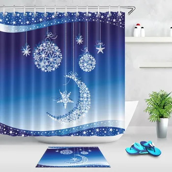 

Christmas Balls Moon & Star Shower Curtain White Snowflakes Gradient Blue Bathroom Waterproof Polyester Fabric For Bathtub Decor