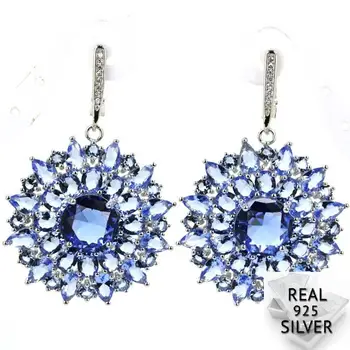 

Real 14.8g 925 Solid Sterling Silver Long Rich Blue Violet Tanzanite CZ SheType Earrings 50x33mm