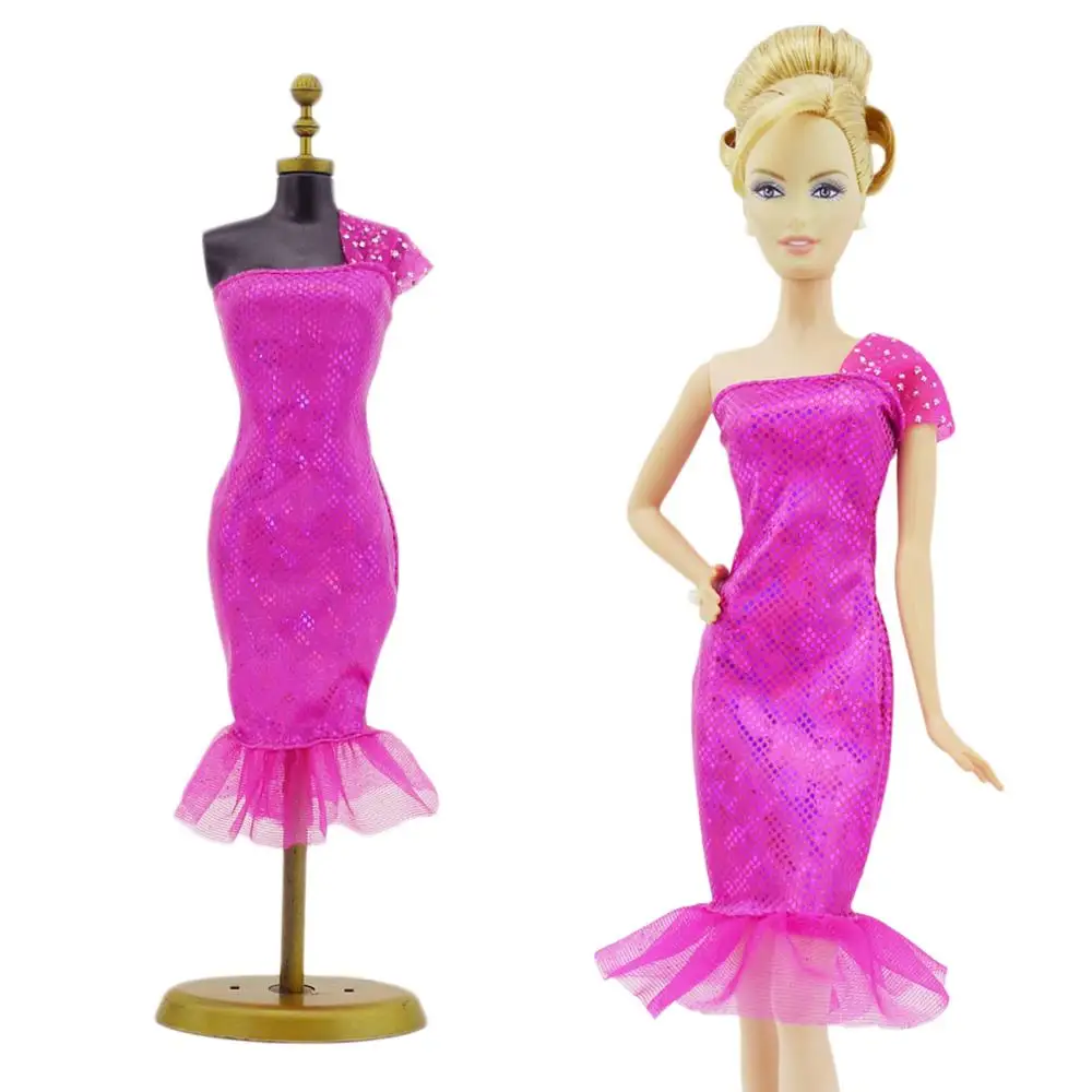 

Fashion Elegant Evening Party Dress Pink Single-shoulder Sleeve Fishtail Tight Skirt Clothes For Barbie FR Doll Accessories Gift