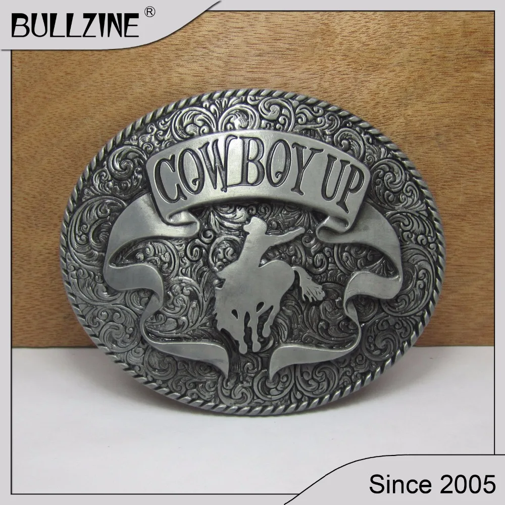 The Bullzine wholesale Cowboy belt buckle with pewter finish FP 02481