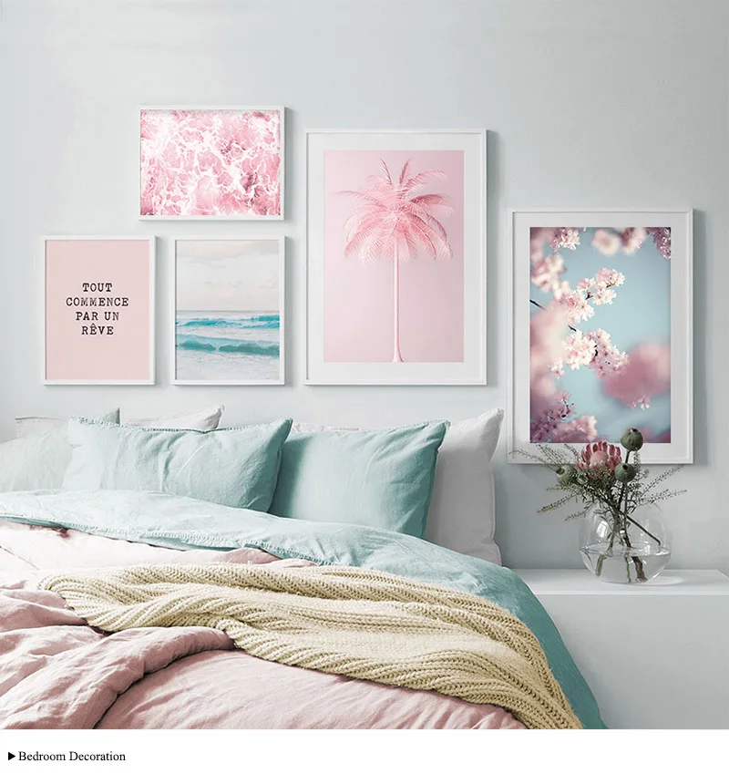 Pink Ocean Cherry Flower Wall Art Poster Nordic Canvas Print Modern Home Decor 