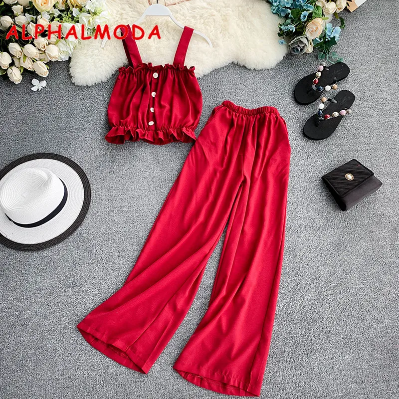 

ALPHALMODA Holiday Casual Crop Top + Elastic Waist Wide-leg Pants Women Summer 2pcs Sets Singe Breasted Tank Top Pants Solid Set