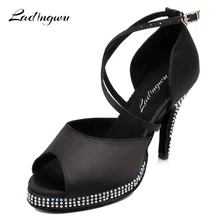 Ladingwu/Новинка; Женская водонепроницаемая атласная обувь для латинских танцев на платформе; стразы; Обувь для бальных танцев; Цвет абрикосовый, черный