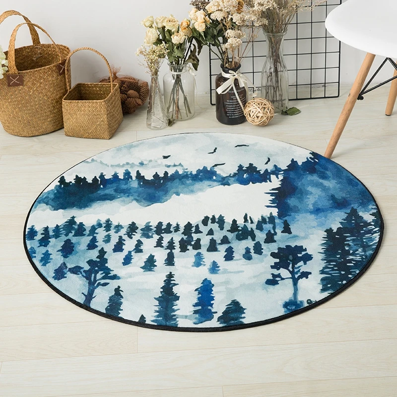 Акварельный лесной пейзаж напечатанный напольный коврик в скандинавском стиле для гостиной стул компьютерный круглый ковер коврик нескользящий коврик для домашнего декора