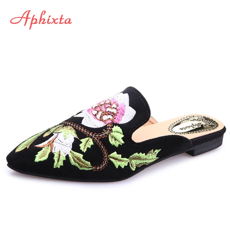

Aphixta Women Shoes Fashion Flower Slipper Shallow Embroidery Low Heel Flat With Autumn Floral Point Toe Outdoor Black Slipper