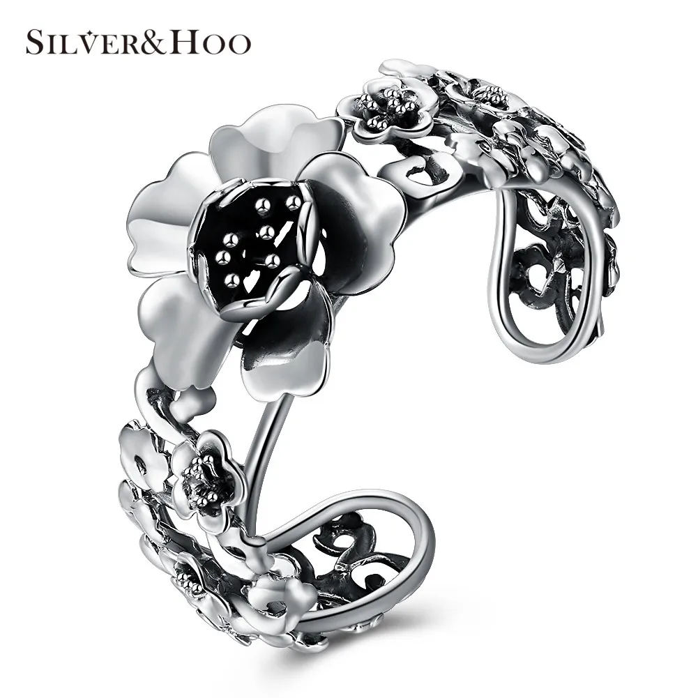 

SILVERHOO 999 Sterling Silver Big Flower Bangles for Women Girls Birthday Gift Elegant Fine Jewelry Adjustable Cuff Bracelet