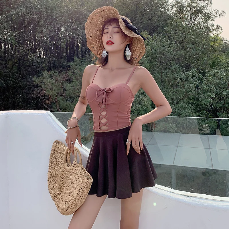 

Retro Swimsuit Two-Piece Swimming Suit Beachwear 2019 Split Sexy Bikini Plavky For Women Push Ups Holes Back Leaf Skirt Japanese