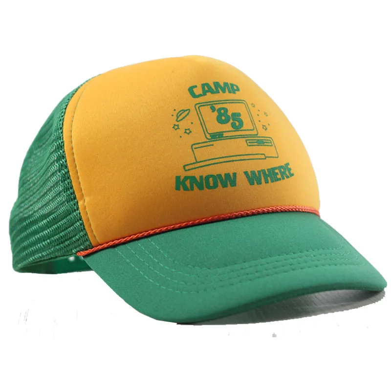 

Men Women Stranger Baseball Cap Dustin Things 3 Cosplay Hat Mesh Trucker Cap Adult "Camp Know Where" Green Yellow Cap Halloween