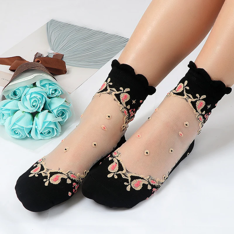 

Summer Ultra-thin Fashion Lady Transparent Floral Socks Harajuku Literary Casual Short Socks