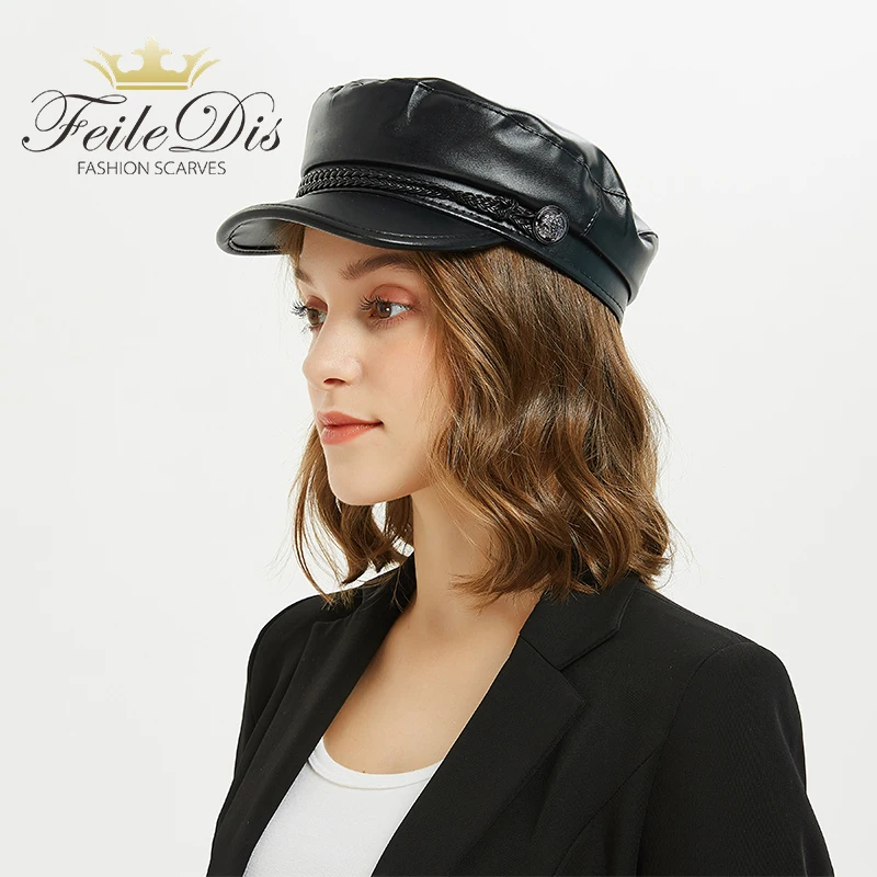 

[FEILEDIS]Winter Women Vintage High-grade Black Grenadine PU Leather Hats Military Hat Gorras Planas Snapback Caps LR-09