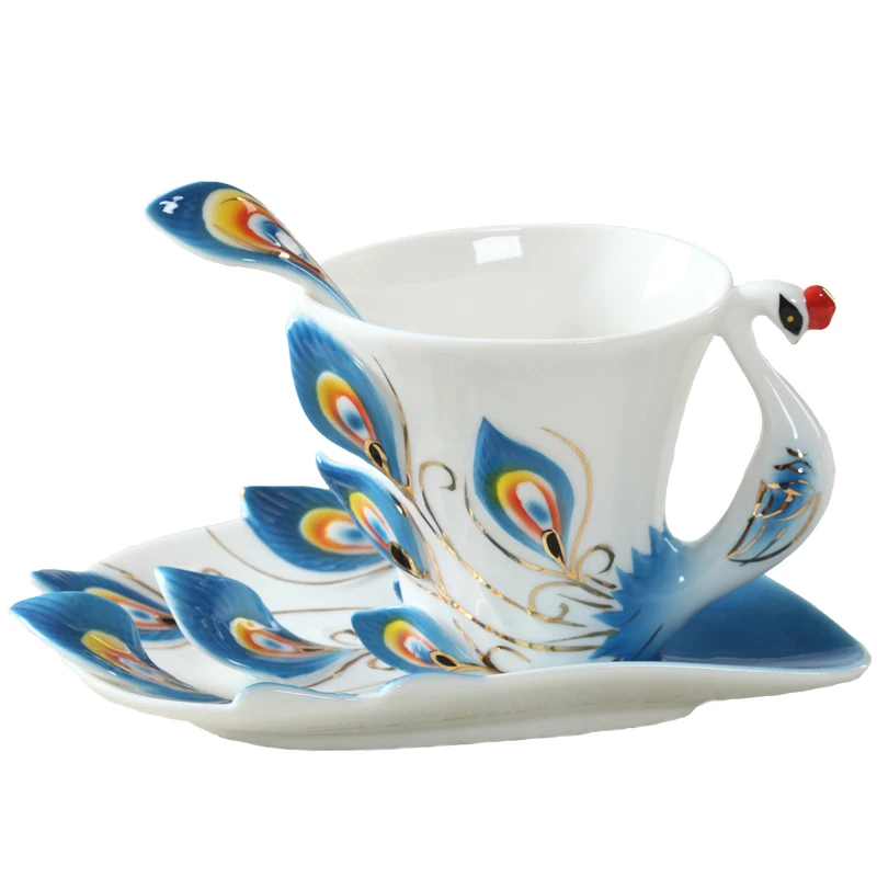 Peacock Coffee Mug Cup Ceramic Creative Cup Bone China 3D Color Enamel Porcelain Saucer Spoon Coffee