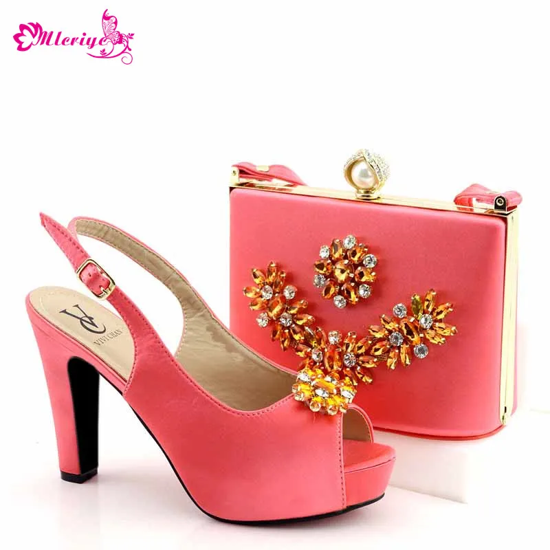 

2019 New Italian Style High Heels Pink Color African Shoe and Bag Set for Party In Women Italian Shoes with Matching Bag Sets