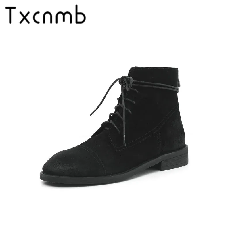 

TXCNMB 2019 Boots Women Ankle Boots for Women Winter Cow Suede Leather Square Heel Casual Shoes Woman Szie 41 42 43 44