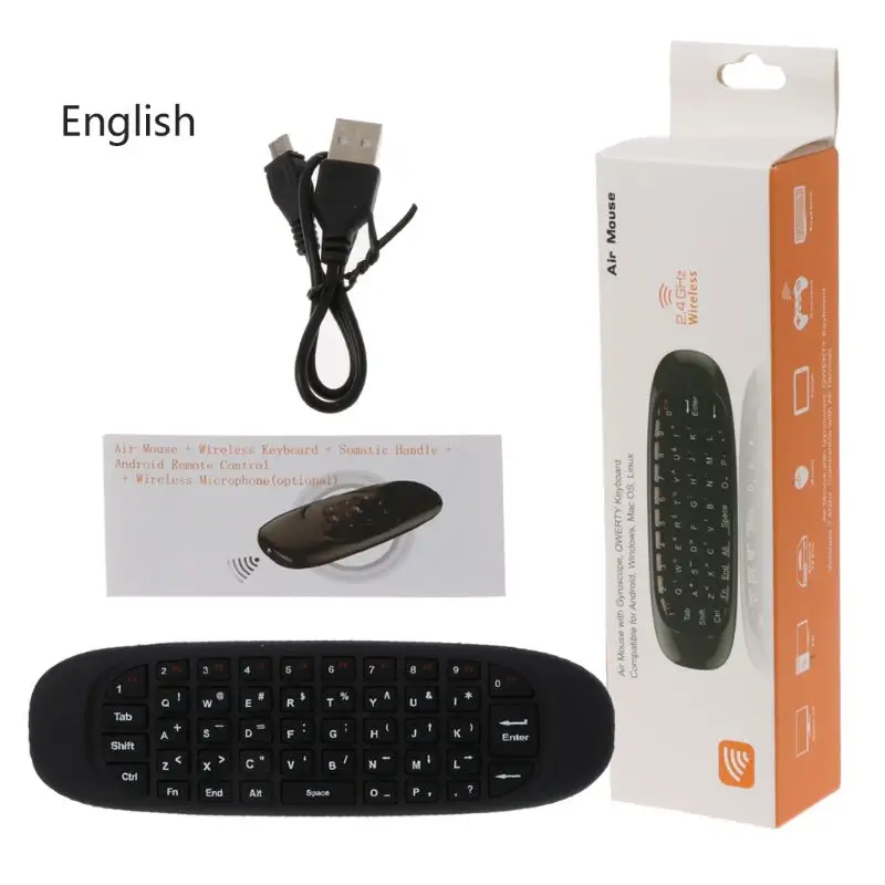 Русская английская C120 Fly Air mouse 2,4G мини беспроводная клавиатура перезаряжаемый пульт дистанционного управления для ПК Android tv Box F42D - Цвет: Черный