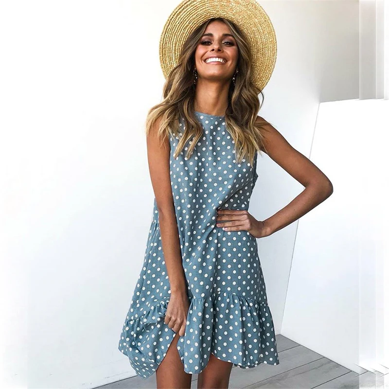 

2019 new beach casual ruffle Polka Dot print summer dress sleeveless o neck sexy mini vestidos loose boho party vintage clothes
