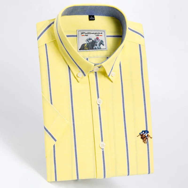 

High Quality Fashion Yellow 100% Cotton Stripe Twill Casual Business Oxford Short Sleeve Shirt With LOGO Solid Color Slim-fit