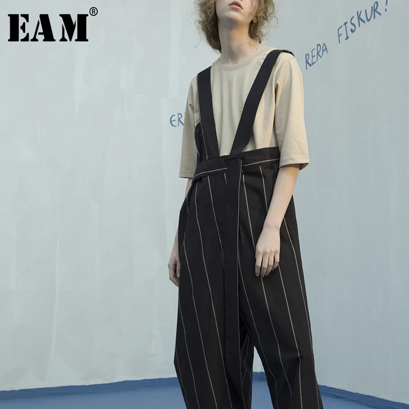 [EAM] 2018 New Summer Black Stripes Asymmetric Length Loose Drawatring Full Length Overalls Pants Women Fashion Tide LA098