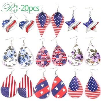 

RJ 20PCS Whloesales American Flag Star Heart Flower Shape Earrings Patriots Girl Patriot Ear Studs Brincos Women Bijoux Gift