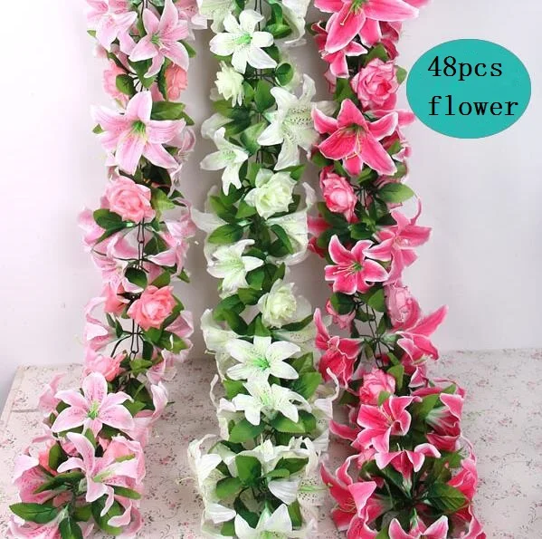 2pcs 6.3feet 42pcs Heads Artificial Lily & Rose Flower Ivy Garland Silk