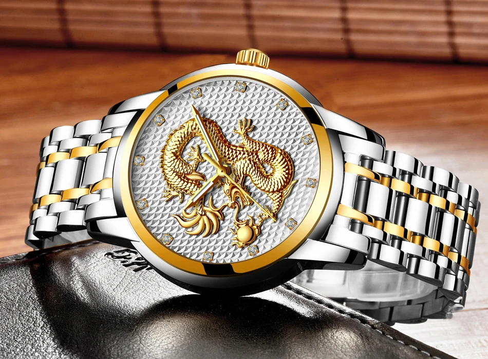 2021 LIGE New Golden Mens Watches Top Brand Luxury Chinese Dragon Watch Business Full Steel Quartz Clock Male Relogio Masculino