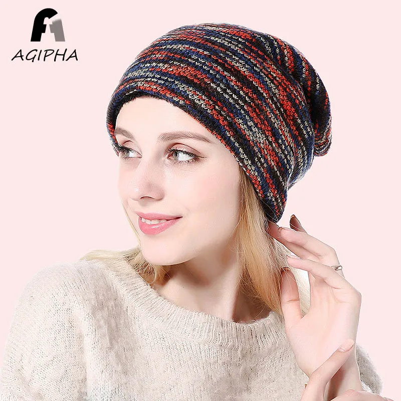 New Style Winter Warm Knitted Hats For Women Double Layer Thermal Lined