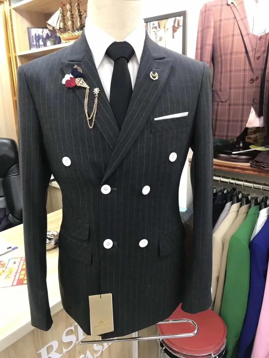 slim fit темно-серый синий полосатый мужской костюм для шафера двубортный костюм смокинг, костюмы жениха белые брюки на пуговицах с