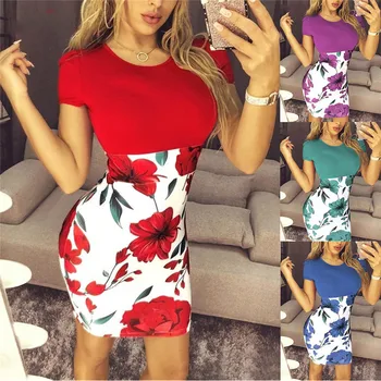 

Fashion Knitted Floral Party Dress Women O-Neck Short Sleeve Summer Dress High Waist Plus Size Casual Pencil Vestidos Robe S-5XL