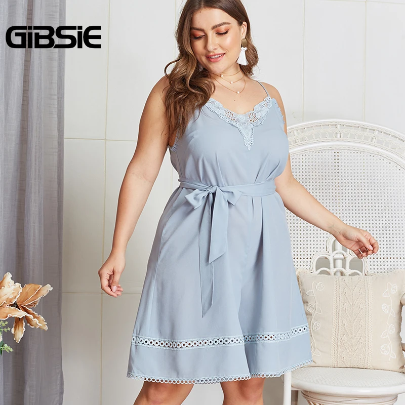 

GIBSIE Plus Size Lace Patchwork V-Neck Spaghetti Strap Rompers Womens Jumpsuit Short 2019 Summer Elegant Playsuit with Belt