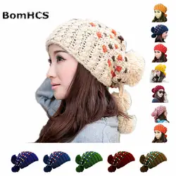 BomHCS зима Для женщин толстые теплые кабель 100% ручной вязать шапочки шляпа с мягкими помпонами