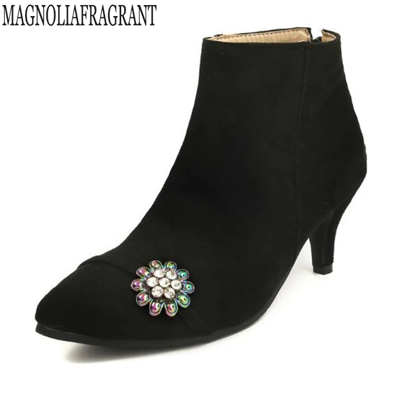 

Spring Autumn Stiletto Thin High Heels Pointed Toe Suede Leather Zipper Style Sexy Rhinestone Ankle Womens Boots botas mujer c20