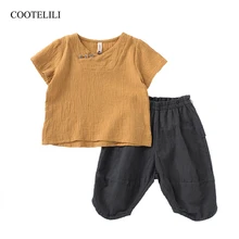 COOTELILI/летние комплекты одежды из хлопка и льна для маленьких мальчиков ростом от 90 до 140 см детская футболка с короткими рукавами+ штаны дышащая детская одежда