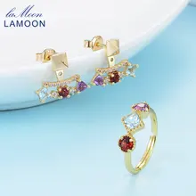 LAMOON Pyramid 0.7ct 3mm Natural Amethyst Garnet Topaz 925 Sterling Silver Jewelry 14K Yellow Plated Jewelry Set V013-1