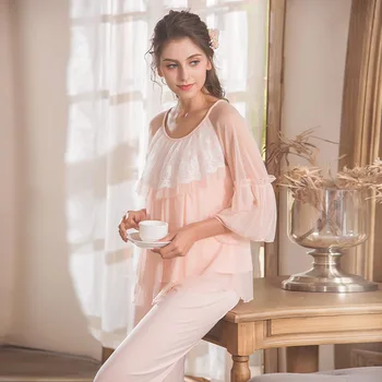 

Sweet Lace Mesh Ruffle Doll Sleeve Pajamas Women Nightwear Cute Pyjama Set Princess Pijama Court Style Cropped Sleeping Suit