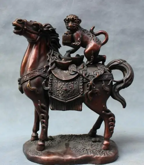 

S01695 11" Chinese Refined Pure Bronze Coin YuanBao Monkey Hold Seal Ride Horse Statue B0403