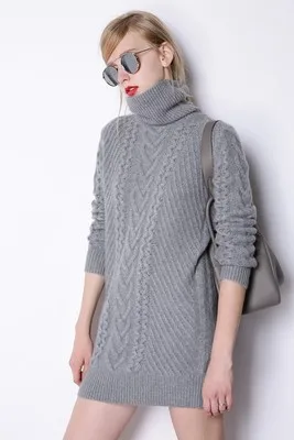 Новое зимнее кашемировое длинное женское платье вязаный пуловер витой Высокий воротник Тонкий теплый свитер - Цвет: Серый