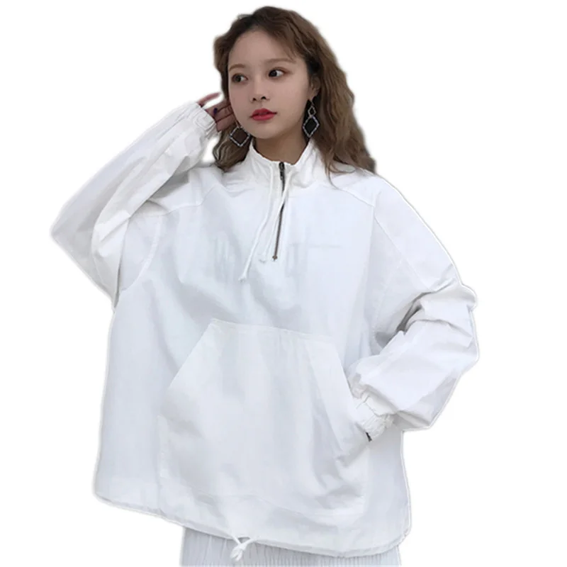 2019 Women's Harajuku Spring Zipper Hooded Loose Lazy Big Windbreaker
