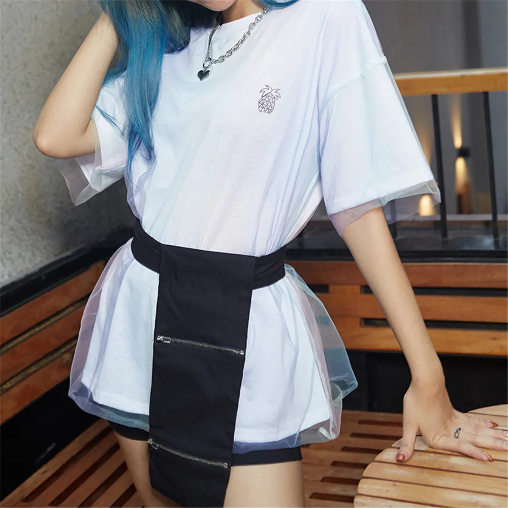 Mesh White Women T-shirt Summer Loose O-neck Short Sleeve Patchwork Female T-shirt Crop Tops Tee Casual Party Highstreet T-shirt