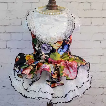 

Flower pattern pearl Dog puppy luxury dress vintage pet cat Tutu lace skirt Princess wedding party Dress dog chihuahua clothes