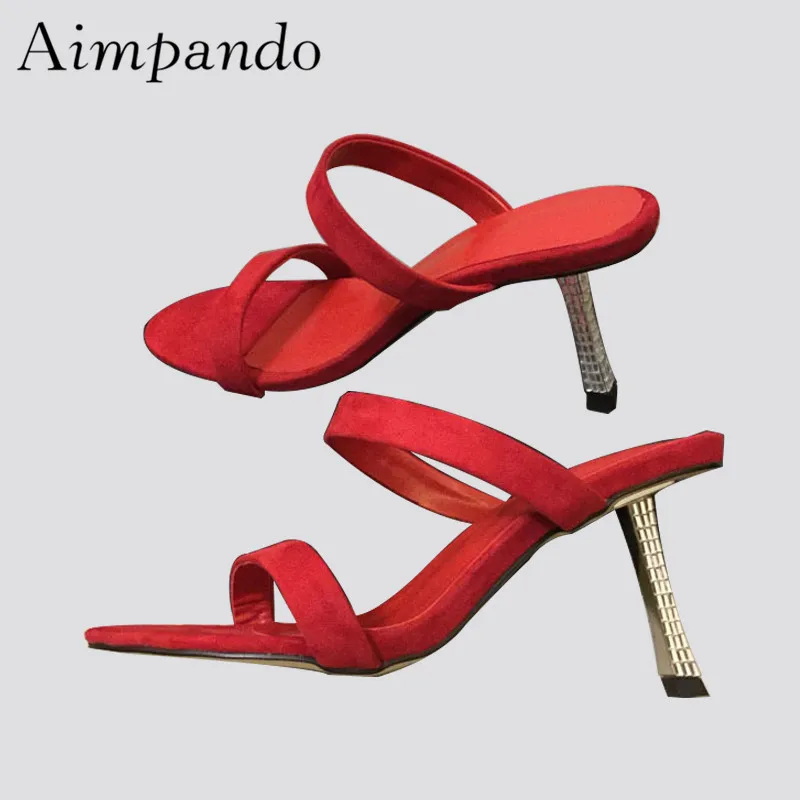 

New Chic 2019 Red Suede Gladiator Sandals Women Two-wear Open Toe Jewelled Thin High Heels Summer Shoes Woman