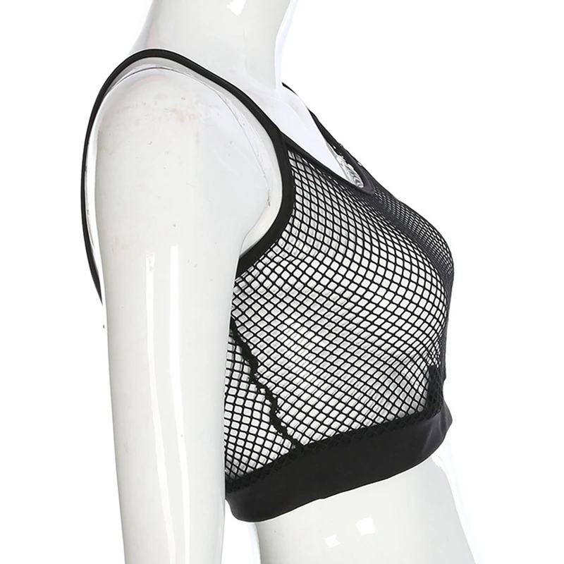 High Quality Sexy Mesh Fishnet Tank Top Women Sexy Hollow Out Elastic See Through Black White Perspective Bodycon Crop Tops