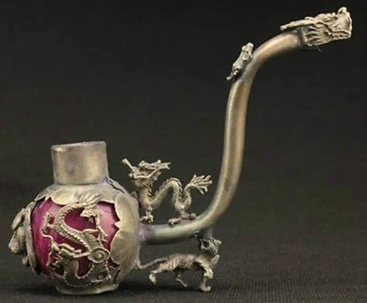 CHINA TIBETAN SILVER Copper HAND CARVING DRAGON SMOKING TOOL GOOD LUCK  Statues