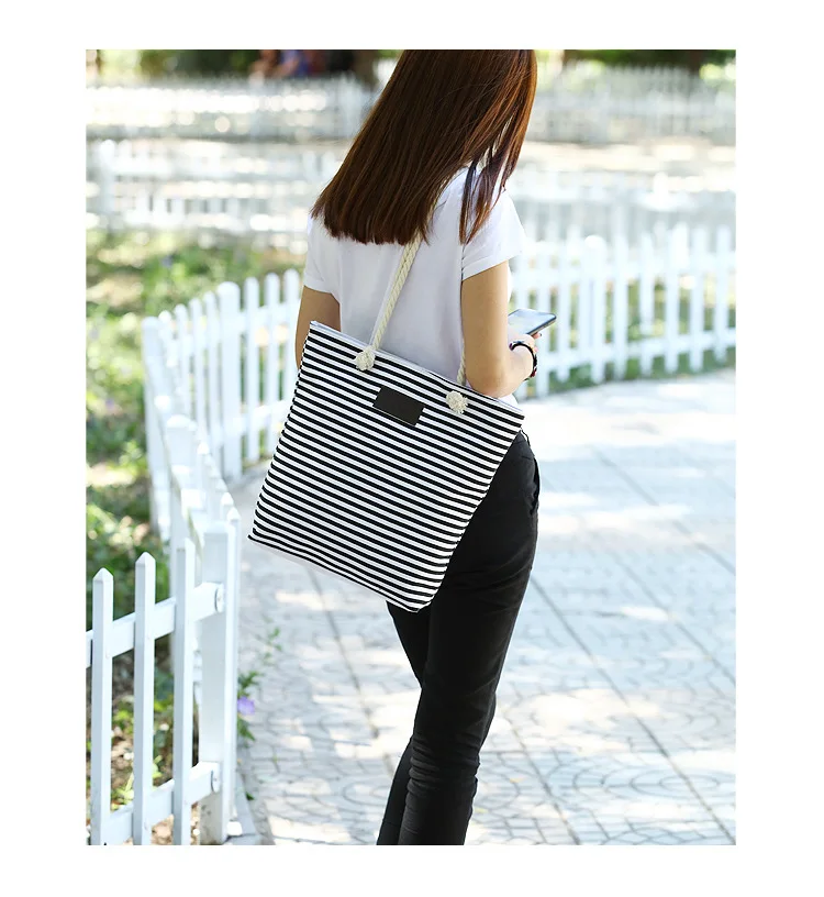 ZYJ Female Striped Canvas Shoulder Casual Tote Bag Pack Drawstring Hemp Rope Handbag Shopping Hand Bucket Grocery Beach Bag (17)
